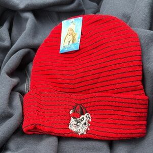 Red Striped Beanie with Bulldog Embroidery